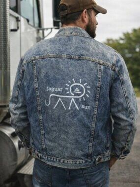 Levi Trucker Jacket Y2K Vintage Jaguar Sun Petroglyphs Logo Vintage Size Small